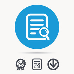 File search icon. Document page with magnifier tool symbol. Achievement check, download and report file signs. Circle button with web icon. Vector