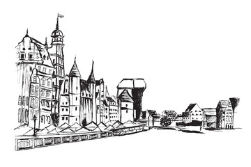 Panorama Gdańska. Rysunek ręcznie rysowany na białym tle. - obrazy, fototapety, plakaty