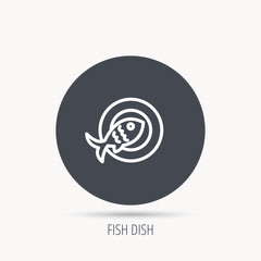 Fish dish icon. Natural seafood symbol. Round web button with flat icon. Vector
