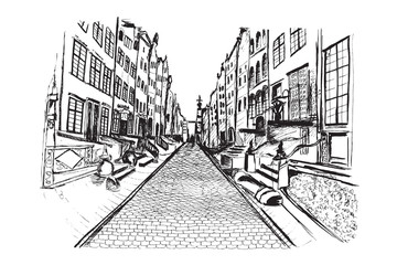 Panorama Gdańska. Rysunek ręcznie rysowany na białym tle. - obrazy, fototapety, plakaty