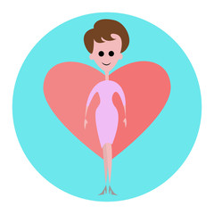 Woman with wings of heart on a background of blue circle. Flat icon. Happy Valentine's Day.