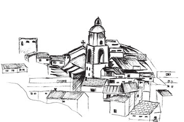 Panorama miasteczka Sant Tropez. Rysunek ręcznie rysowany na białym tle.