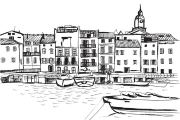 Panorama miasta Sant Tropez. Rysunek ręcznie rysowany na białym tle. - obrazy, fototapety, plakaty