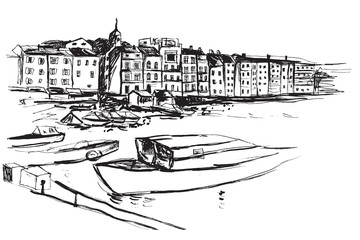 Panorama miasta Sant Tropez. Rysunek ręcznie rysowany na białym tle. - obrazy, fototapety, plakaty