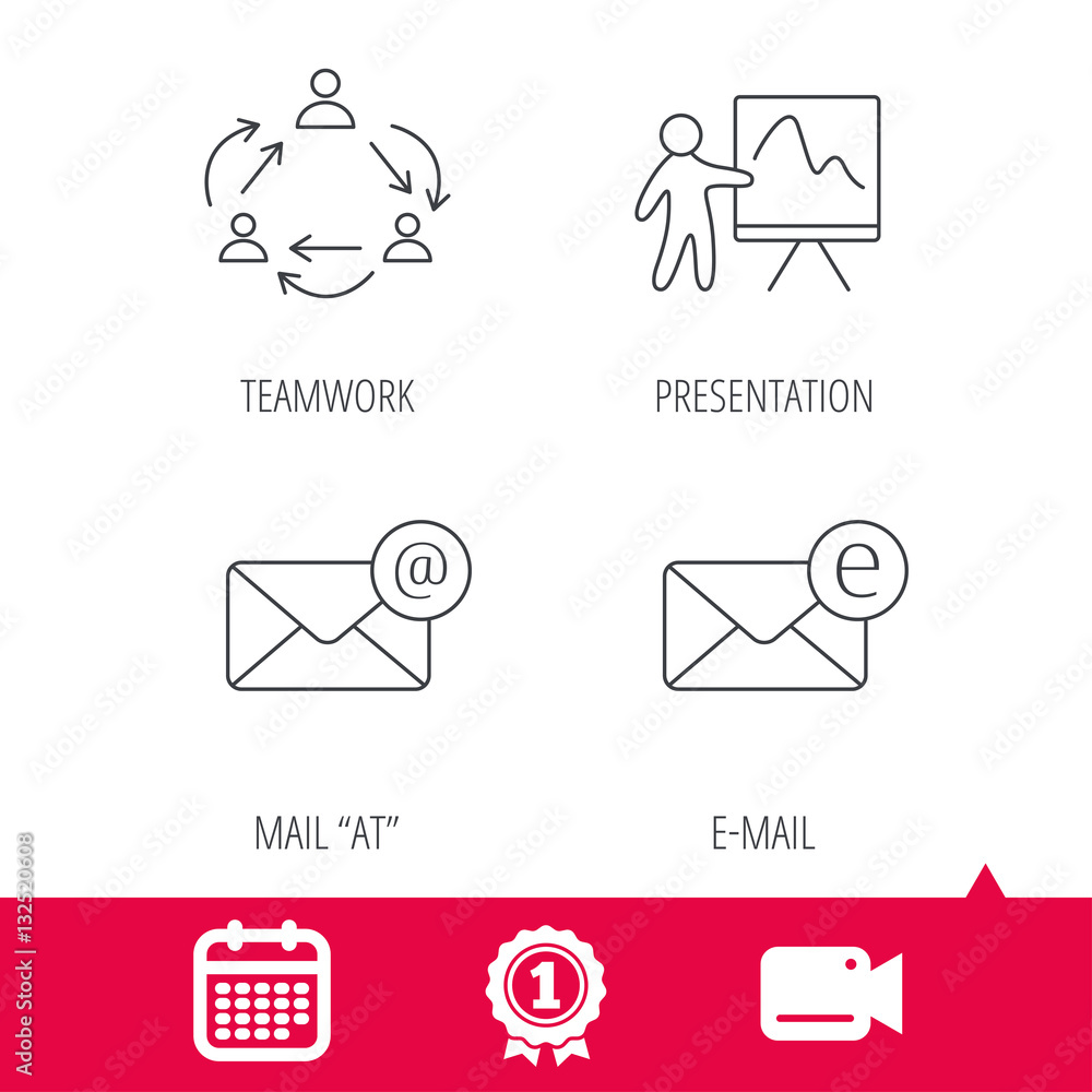 Poster achievement and video cam signs. teamwork, presentation and e-mail icons. e-mail inbox linear sign. 