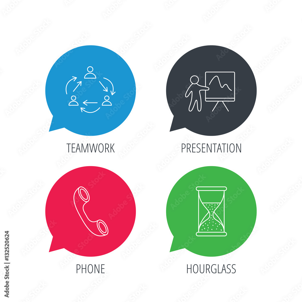 Poster colored speech bubbles. teamwork, presentation and phone call icons. hourglass linear sign. flat web