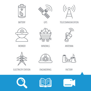Worker, minerals and engineering helm icons. GPS satellite, electricity station and factory linear signs. Telecommunication, battery icons. Video cam, book and magnifier search icons. Vector