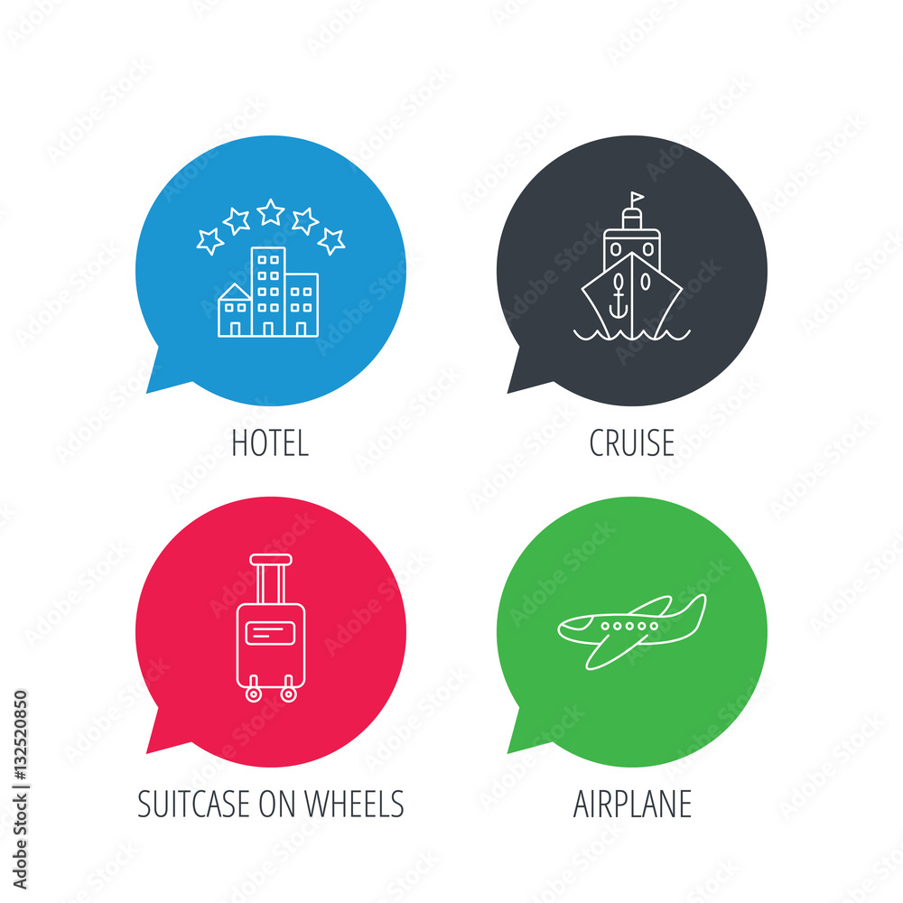 Aufkleber colored speech bubbles. hotel, cruise ship and airplane icons. baggage linear sign. flat web buttons