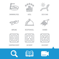 Hotel, swimming pool and beach deck chair icons. Reception bell, shower and airplane linear signs. European, UK and USA socket icons. Video cam, book and magnifier search icons. Vector