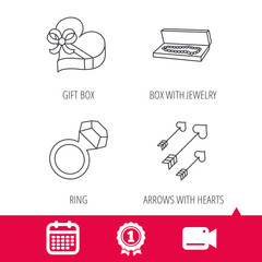Achievement and video cam signs. Jewelry, gift box and wedding ring icons. Arrows with hearts linear sign. Calendar icon. Vector