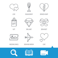 Love heart, gift box and wedding rings icons. Broken heart and engagement linear signs. Valentine amour arrow, brilliant flat line icons. Video cam, book and magnifier search icons. Vector
