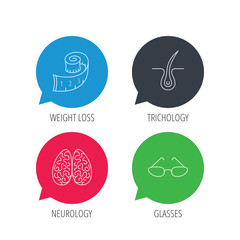 Colored speech bubbles. Glasses, neurology and trichology icons. Weight loss linear sign. Flat web buttons with linear icons. Vector