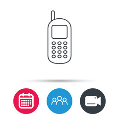 Mobile phone icon. Cellphone with antenna sign. Group of people, video cam and calendar icons. Vector