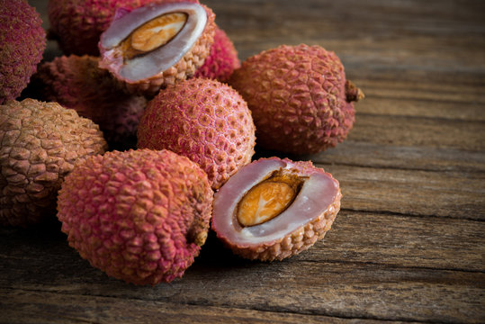 Litchis on wooden