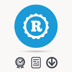 Registered trademark icon. Intellectual work protection symbol. Achievement check, download and report file signs. Circle button with web icon. Vector