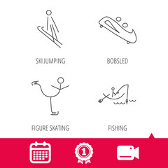 Achievement and video cam signs. Fishing, figure skating and bobsled icons. Ski jumping linear sign. Calendar icon. Vector