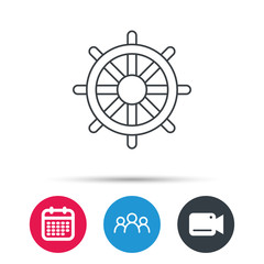 Ship steering wheel icon. Captain rudder sign. Sailing symbol. Group of people, video cam and calendar icons. Vector