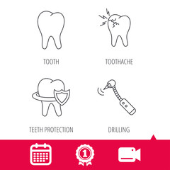 Achievement and video cam signs. Tooth, toothache and drilling tool icons. Teeth protection linear sign. Calendar icon. Vector