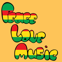 Design of Peace, Love and Music in bubble style in green, yellow and red colors. Vector illustration.
