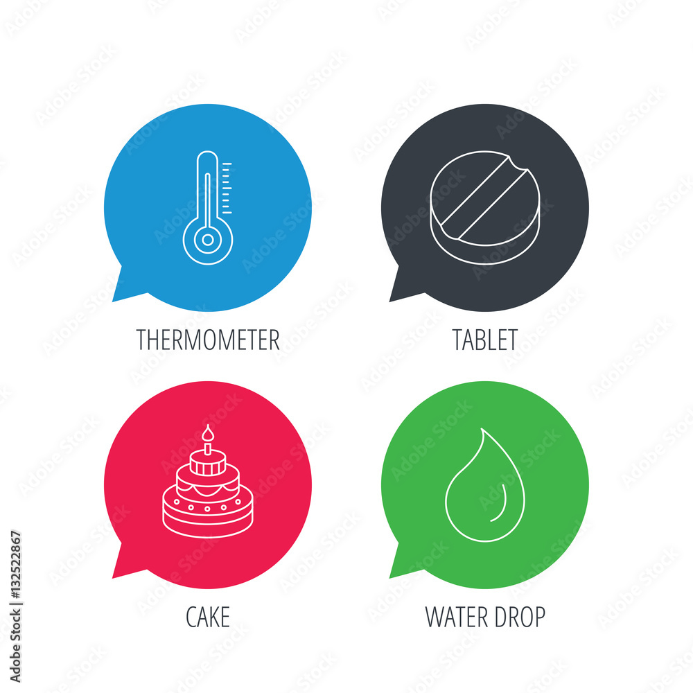 Poster colored speech bubbles. thermometer, water drop and tablet icons. birthday cake linear sign. flat we