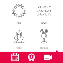 Fototapeten Achievement and video cam signs. Cruise, waves and cocktail icons. Sun linear sign. Calendar icon. Vector © tanyastock