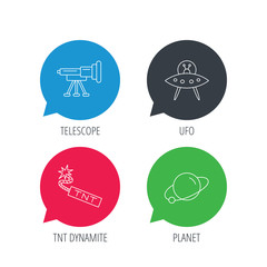 Colored speech bubbles. Ufo, planet and telescope icons. TNT dynamite linear sign. Flat web buttons with linear icons. Vector