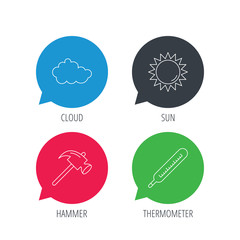 Colored speech bubbles. Cloud, sun and thermometer icons. Hammer linear sign. Flat web buttons with linear icons. Vector