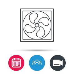 Ventilation icon. Fan or propeller sign. Group of people, video cam and calendar icons. Vector