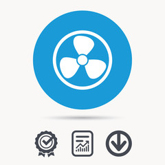 Ventilation icon. Air ventilator or fan symbol. Achievement check, download and report file signs. Circle button with web icon. Vector