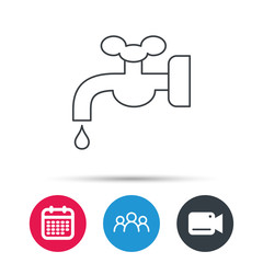 Water supply icon. Crane or Faucet with drop sign. Group of people, video cam and calendar icons. Vector