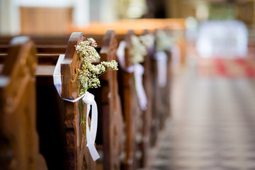 Beautiful church decorated for wedding ceremony - 132523473