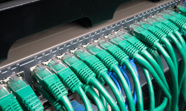 Server rack with green internet patch cord cables