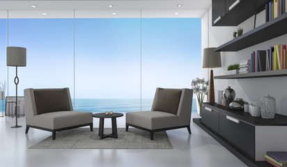 3d rendering nice armchair in white living room near sea