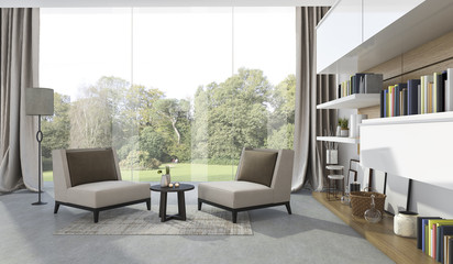 3d rendering soft armchair in living room near garden