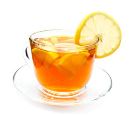 Isolated transparent cup of tea with lemon slice
