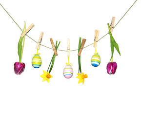 Ostern, Easter, Ostereier, Osterglocken, Tulpen, hängend, freigestellt, isoliert, auf weiss,...