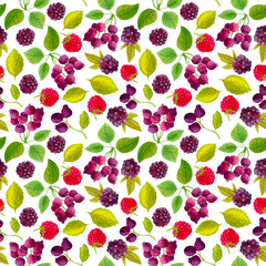 Seamless pattern with mushrooms, raspberries, blueberries and acorns. Colorful illustration. Watercolor handpainted texture on white background for wallpaper, blogs, cover