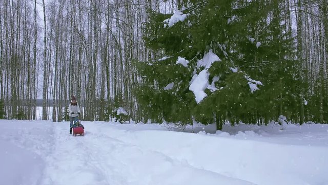 Mother and her baby walking on the parker in snowy weather