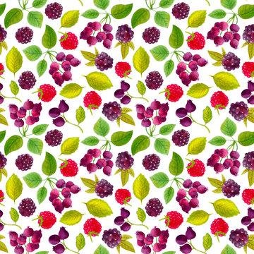 Seamless pattern with mushrooms, raspberries, blueberries and acorns. Colorful illustration. Watercolor handpainted texture on white background for wallpaper, blogs, cover