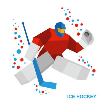 Winter sports - ice hockey. Cartoon player with hockey-stick catches the puck. Goalkeeper in helmet and with shields. Flat style vector clip art isolated on white background.