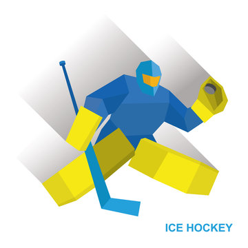 Winter sports - ice hockey. Cartoon player with hockey-stick catches the puck. Goalkeeper in helmet and with shields. Flat style vector clip art isolated on white background.