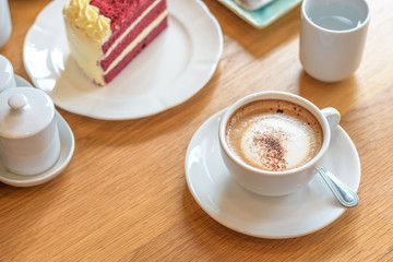 Coffee cup and velvet red cake, morning set