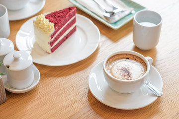 Coffee cup and velvet red cake, morning set