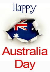 Obraz na płótnie Canvas Red, white and blue Australian flag framed by white paper torn open in a round shape. Shadows under the curled edges of the paper add to the frame. Text Australia Day celebration