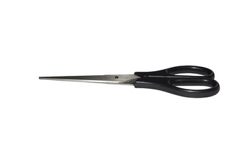 Стальные канцелярские ножницы с  пластиковыми ручками черного цвета изолированы на белом фоне. - obrazy, fototapety, plakaty