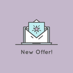 Vector Icon Style Illustration of Email with Offer and Present Bonus. Electronic Notification. Web Element for Business