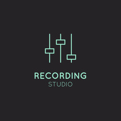 Obraz premium Simple Vector Icon Style Music Logos. Recording Studio Label. Podcast and Radio Badge with Sample Text. Design with Waves, Headphones and Mixing console