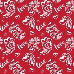  Background for Valentines day, wedding invitation. Seamless pattern  with hand drawn love lettering ,  heart. Design  for greeting card.