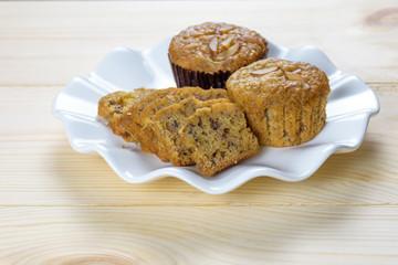 Homemade banana cakes plate on wood table