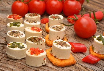 appetizers cheese and bruschetta with herbs, tomato and chilli peppers,Vegetarian starter appetizer